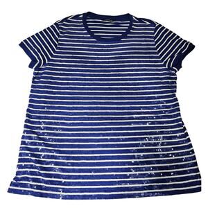 Ralph‎ Lauren Lauren White Blue Sequined Striped Top Size